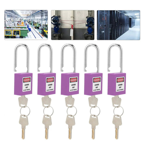 5 Pack 38mm Industrial Safety Padlocks Lockout Tagout Kit With 10 Keys And Writable Labels NonConductive For Machine Building Electrical Maintenance built with purple bodies and keys