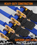 Heavy Duty Ratchet Tie Down Straps 4 Pack 15 Foot Long Truck Bed Cargo Hauler Rig For Bikes And Trailers 2200 Pound No Slip Hold With Premium Tough Blue Webbing showing durable ratchet mechanism and straps.