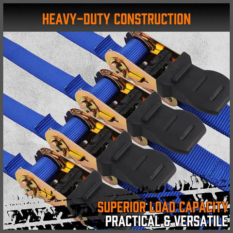 Heavy Duty Ratchet Tie Down Straps 4 Pack 15 Foot Long Truck Bed Cargo Hauler Rig For Bikes And Trailers 2200 Pound No Slip Hold With Premium Tough Blue Webbing showing durable ratchet mechanism and straps.