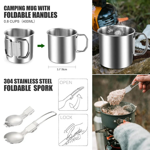 8 Piece Camping Cookware Mess Kit With Mini Backpack Stove All In One Nonstick Pots Stainless Spork Foldable 14 Oz Mug