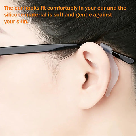 Close-up of Soft Silicone Eyeglass Ear Hooks 10 Pairs Clear Anti Slip Grips For Glasses shown installed on ear and temple arm.