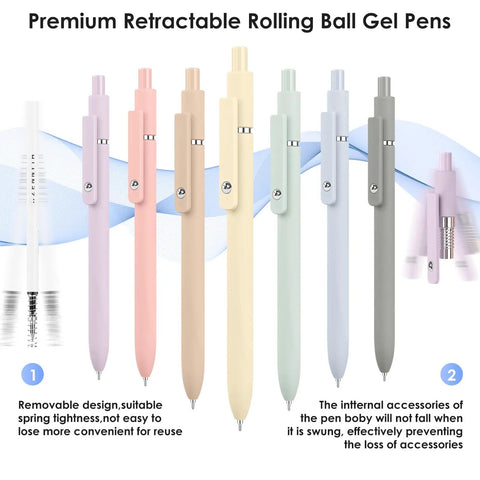 Colorful retractable gel pens with spring design for smooth writing, highlighting 7 Pack 0.5mm Quick Dry Gel Pens With Fine Point Smooth Writing Black Ink For Journaling Note Taking And Office School Desk Accessories That Make Great Gifts For Women Men