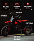 Electric Dirt Bike With Mid Drive 5500 Peak Power, 50 Mph Ebike, showing size dimensions and weight limits in side view.
