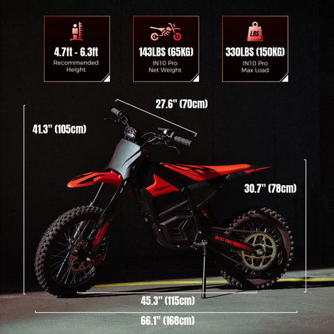 Electric Dirt Bike With Mid Drive 5500 Peak Power, 50 Mph Ebike, showing size dimensions and weight limits in side view.