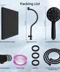 10 Inch Rainfall Shower Head And Handheld Combo With 12 Inch Adjustable Curved Arm shown with 71 Inch Hose and accessories