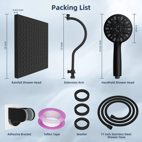 10 Inch Rainfall Shower Head And Handheld Combo With 12 Inch Adjustable Curved Arm shown with 71 Inch Hose and accessories