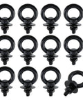 Pro Grade M4 Stainless Steel Eye Bolts With Hex Nuts And Washers 12 Piece Badass Lifting Eyebolt Kit close-up of black coated screw eyes.
