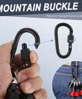 Close-up of black mountain buckle carabiner attached to a keyring and jeans, preventing detachment and loss.