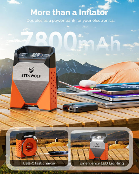 Zephyr S3 Cordless Tire Inflator Portable Air Compressor With 160 PSI Max One Minute Fast Inflation, orange, on wooden table