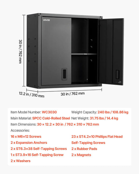 Sturdy Steel Wall Cabinet for Garage and Home Storage, 30W x 12.2D x 30H Inches, Locking Doors, Adjustable Shelves, Holds Up To 120 Lbs Per Shelf, Space Saving Floating Cabinet for Tools and Supplies, Wall Mounted, Black, open