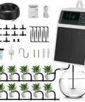 Solar Powered Automatic Drip Irrigation System Kit For 10 Potted Plants With DIY Auto Timing No Hassle Watering Anti Siphon Waterproof Digital Display 15 Day Run For Outdoor Indoor Balcony Patio Garden components and setup image.