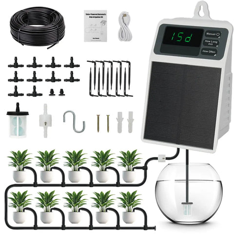 Solar Powered Automatic Drip Irrigation System Kit For 10 Potted Plants With DIY Auto Timing No Hassle Watering Anti Siphon Waterproof Digital Display 15 Day Run For Outdoor Indoor Balcony Patio Garden components and setup image.