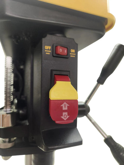 Close-up of power switch on 10 Inch Drill Press With 7.0 Amp Motor And LED Worklight Five Speed Settings 3.5 Inch Spindle Travel
