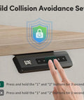 Fezibo 48 By 24 Electric Standing Desk With Double Drawers Maple Finish showing child collision avoidance panel.