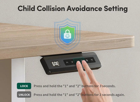 Fezibo 48 By 24 Electric Standing Desk With Double Drawers Maple Finish showing child collision avoidance panel.