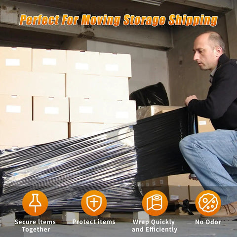 Man using Heavy Duty Black Stretch Film And Shrink Wrap Rolls For Moving Supplies Pallet Packing Shipping Storage 18 Inch Wide 1000 Feet Long 60 Gauge.