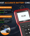 All In One OBD II Diagnostic Tool With Battery Tester screen showing 13.2V, plug and play display with car dashboard in background.