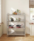 Knockout Four Tier Stainless Steel Shelving Rack With Adjustable Heights And Rock Solid 330 Pounds Heavy Duty Frame Built Tough For Garage Basement Or Kitchen Space Saving Storage Silver with kitchen items displayed.