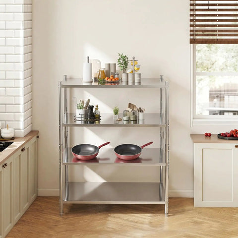 Knockout Four Tier Stainless Steel Shelving Rack With Adjustable Heights And Rock Solid 330 Pounds Heavy Duty Frame Built Tough For Garage Basement Or Kitchen Space Saving Storage Silver with kitchen items displayed.