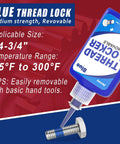 Blue medium strength locker in heavy duty thread locker kit with temperature range -65°F to 300°F, ideal for bolts and fasteners.