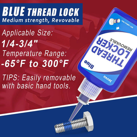 Blue medium strength locker in heavy duty thread locker kit with temperature range -65°F to 300°F, ideal for bolts and fasteners.