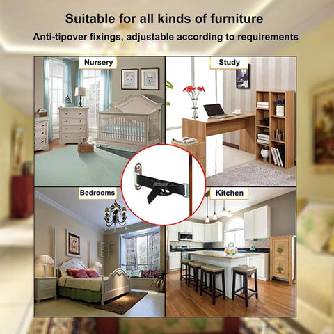 Heavy Duty Furniture Wall Anchors For Baby Proofing With Solid Anti Tip Grip, shown in nursery, study, bedrooms, and kitchen.