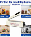 No Fuss Plug And Play Impulse Heat Sealer Featuring 8 Inch Seal Bar Heavy Duty bag sealing machine with snacks and craft items.