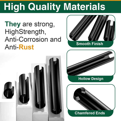 240 Piece Roll Pin Set With Metric Slotted Spring Pins In Sizes M1.5X6 Through M6X30, showing smooth finish and design.