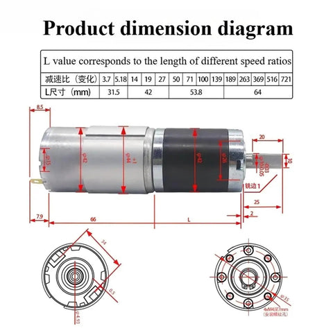 Diagram of Beefy Torque Planetary Gearbox for 775 DC Motor, showing dimensions and design details.