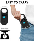 Handheld Rechargeable Pet Microchip Scanner RFID EMID Reader shown being placed in a pocket, with size and weight details.