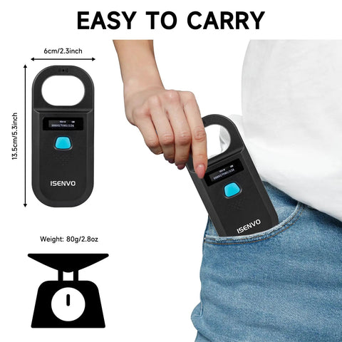 Handheld Rechargeable Pet Microchip Scanner RFID EMID Reader shown being placed in a pocket, with size and weight details.
