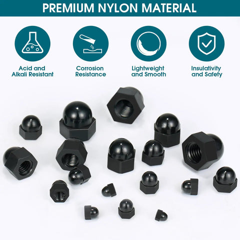 Big Ol 160Pcs Nylon Acorn Nut Set Kit Black Dome Nuts For Protecting Hex Bolts M3 M4 M5 M6 M8 M10 shown with features