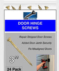 Extra Long Door Hinge Screws 3 Inch Heavy Duty Steel With Polished Brass Finish 24 Pack in packaging with screw details.