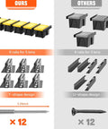 Comparison of garage ceiling storage rack systems; ours fits five bins with six T-shaped rails, others fit three bins.