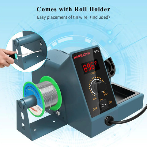 Digital Display Soldering Station Kit With Five Extra Iron Tips, Temperature Adjustable From 392 To 896 Fahrenheit, shown with roll holder.