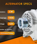 Alternator Replacement For F Series And E Series Trucks With 4.6L And 5.4L V8 Engines From 1997 To 2002 Drop In Ready No Fuss Install, Compatible With 7791N 7791 And Related OEM Numbers. Front side view of alternator showing specs.