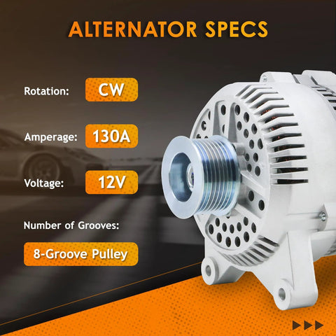 Alternator Replacement For F Series And E Series Trucks With 4.6L And 5.4L V8 Engines From 1997 To 2002 Drop In Ready No Fuss Install, Compatible With 7791N 7791 And Related OEM Numbers. Front side view of alternator showing specs.