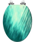 Elongated Toilet Seat Resin for Bathroom, turquoise design, round shape, adjustable hinges for easy installation.