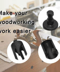 Top Shelf Woodworking Plug Cutter Drill Bit Set Featuring Straight And Tapered Chamfer Bits In Four Sizes showcased on a workbench.