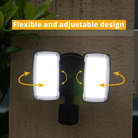 Hardwired 19W LED Outdoor Flood Light With Motion Sensor Dual Adjustable Heads 2000 Lumens 5000K daylight on wall