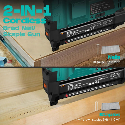 Cordless Two In One Brad Nailer And Staple Gun Powered By 20V Rechargeable Battery showing nail and staple options on wood.
