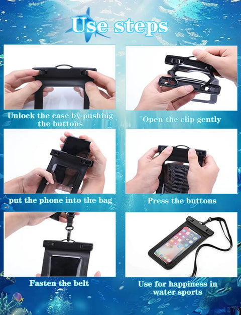 Six steps to use the Two Pack Waterproof Phone Pouch Case Black And White IP68 Dry Bag For Smartphones Up To 8.3 Inches.