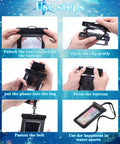 Instruction steps for using Five Pack Multicolor Waterproof Phone Pouches With IP68 Dry Bags, touch screen friendly underwater case.