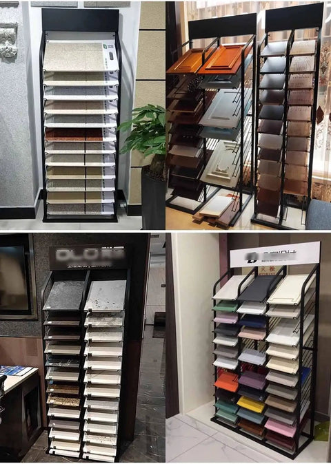Heavy Duty Steel Tile Display Rack With 24 Card Slots For Large Format Floor Tile and Marble Slab Samples in store setup.