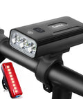 Front and rear view of 3000 Lumen Super Bright Bike Lights Front And Rear With 5200mAh Battery USB Rechargeable Night Riding Kit.