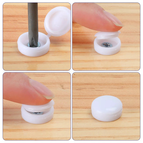 Installation of 150 Pack White Plastic Screw Cover Caps With Snap On Hinge For Flush Mount Protection And Waterproof Seal