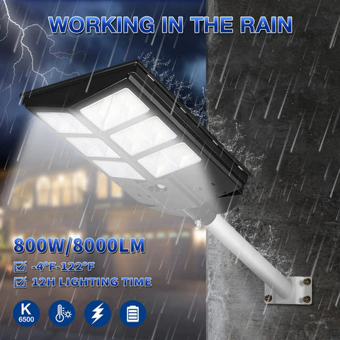 Solar Street Light Outdoor Waterproof Flood Light With 6000 Lumen 6500K LED, mounted on a wall in rain, close-up view.