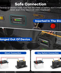 BM210 battery monitor installed in golf cart bay; LED gauge for 12–72V lead-acid/Li-ion, with direct and key switch diagrams.