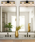 4 Light Vintage Style Bathroom Vanity Light Fixture With Clear Globe Glass Shades, Black And Brass Gold Accents over mirrors