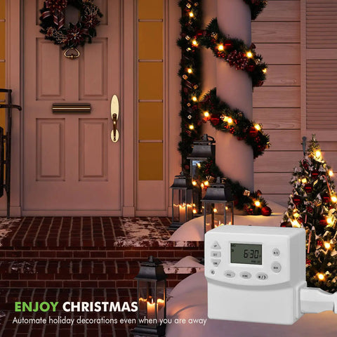 Front porch with holiday lights controlled by Heavy Duty Programmable Plug In Digital Astronomic Timer For Lights And Electrical Outlets.